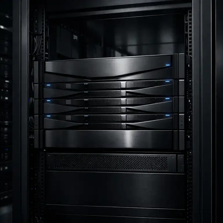“نمایی از ذخیره‌ساز سازمانی Dell PowerMax 2500 در دیتاسنتر مدرن با طراحی ماژولار، نورپردازی ملایم و رک‌های پیشرفته زیرساخت ذخیره‌سازی داده