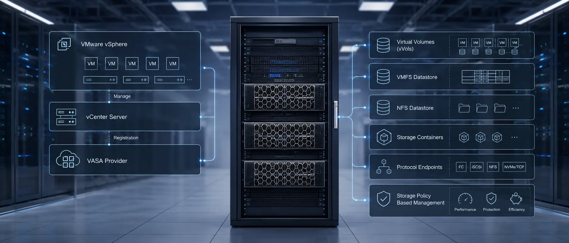 نمای مفهومی زیرساخت مجازی‌سازی Dell PowerStore با نمایش vCenter، VASA Provider، vVol، Storage Container و Datastoreها در محیط دیتاسنتر سازمانی