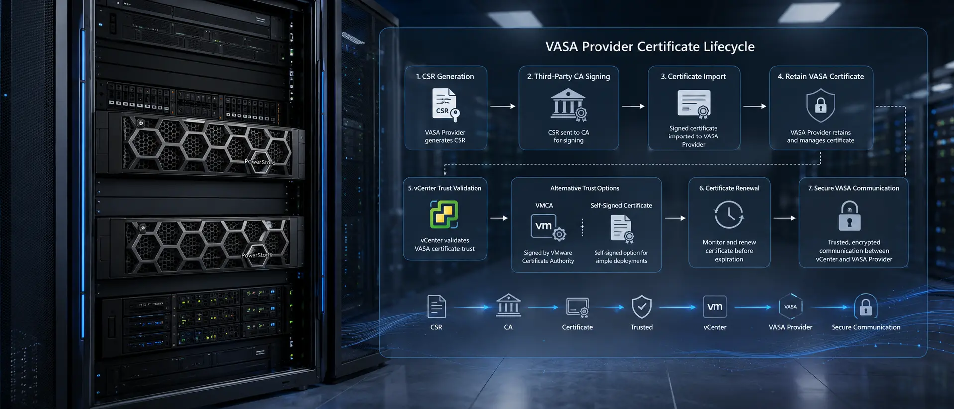 نمای مفهومی مدیریت گواهی VASA در Dell PowerStore شامل ایجاد CSR، گواهی CA، ارتباط امن vCenter و VASA Provider در یک دیتاسنتر سازمانی