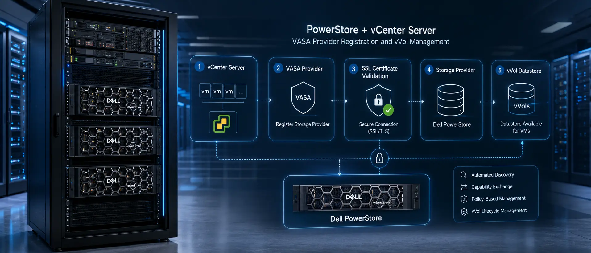 نمایی مفهومی از اتصال vCenter Server و ثبت VASA Provider در Dell PowerStore برای مدیریت vVol و Storage Provider در محیط VMware vSphere