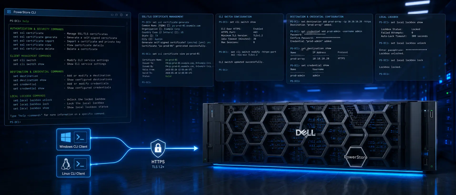 مدیریت Dell PowerStore CLI شامل Help، SSL/TLS Certificate، Switchهای اتصال و تنظیمات Client