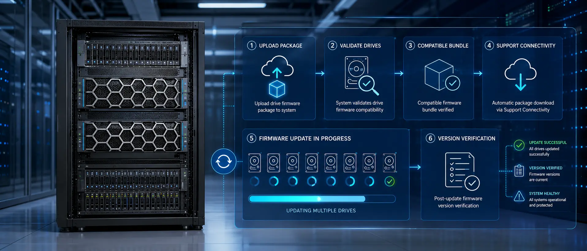 نمای مفهومی ارتقای Drive Firmware در Dell PowerStore با نمایش Storage Rack، Drive Bayها، آپلود Firmware Bundle، بررسی سازگاری و کنترل نسخه Firmware دیسک‌ها