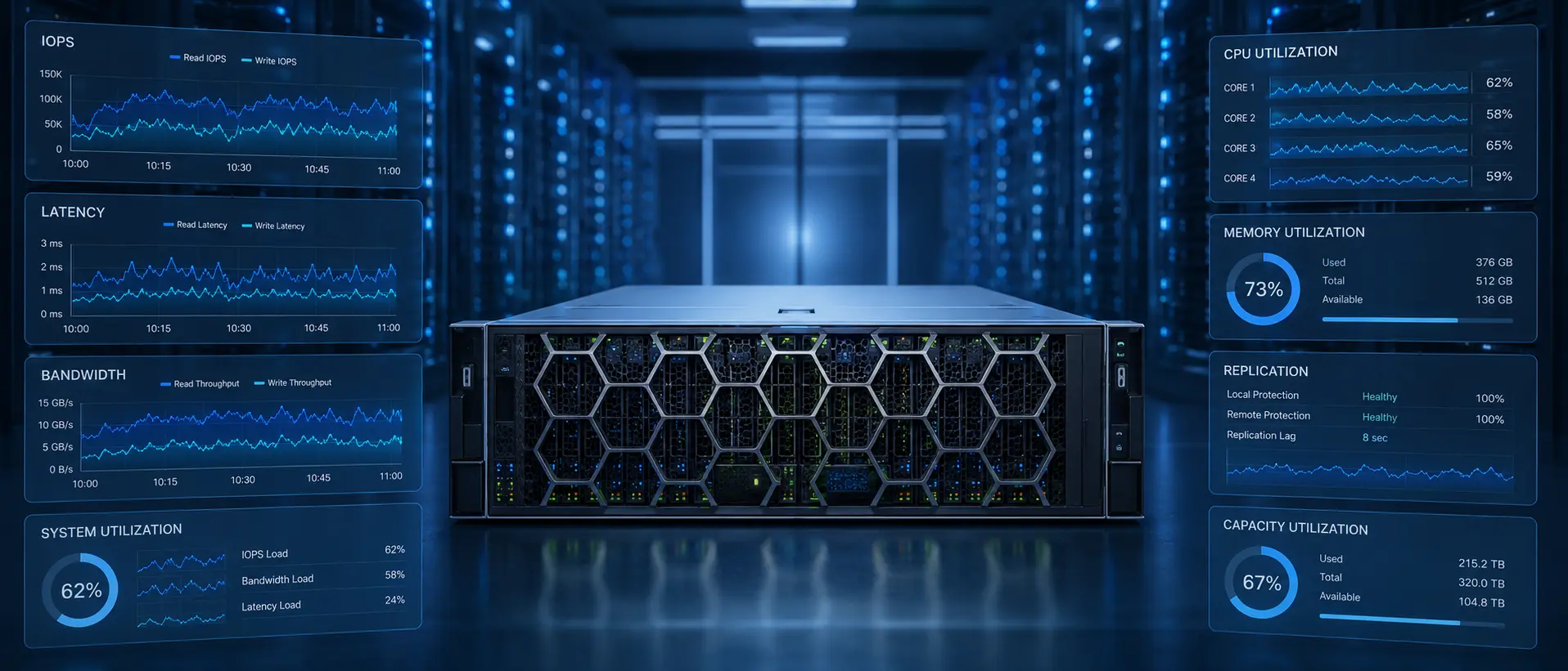 تصویر مفهومی پایش عملکرد Dell PowerStore با نمودارهای IOPS، Latency، Bandwidth و Utilization در محیط دیتاسنتر