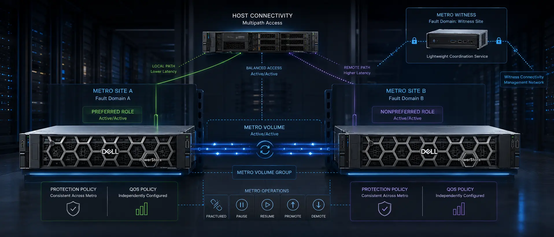 نمای فنی Metro Protection در Dell PowerStore با دو استوریج Active/Active، Metro Witness و مسیرهای Host Connectivity