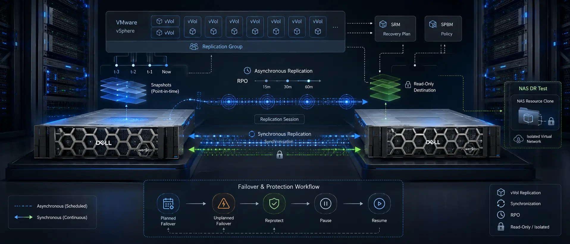 نمای فنی Replication در Dell PowerStore شامل Asynchronous و Synchronous Replication، Failover، Disaster Recovery و vVol Replication