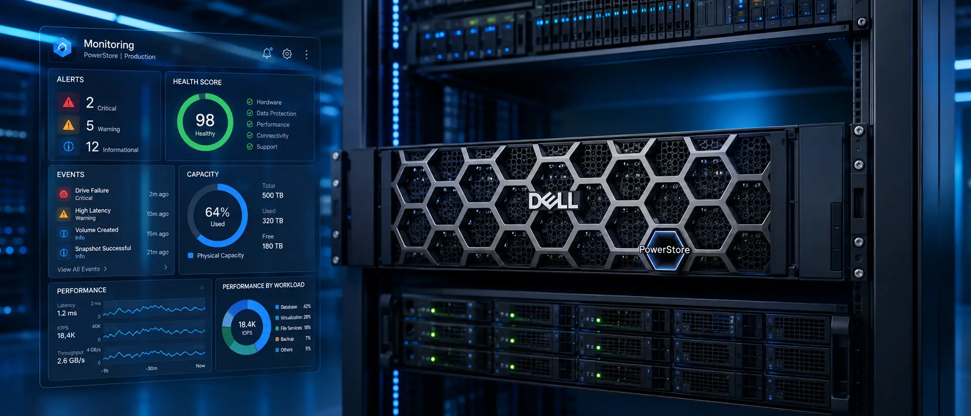 تصویر مفهومی پایش سیستم و مدیریت هشدارها در Dell PowerStore با نمایش استوریج سازمانی، داشبورد سلامت، Alerts و نمودارهای ظرفیت و عملکرد