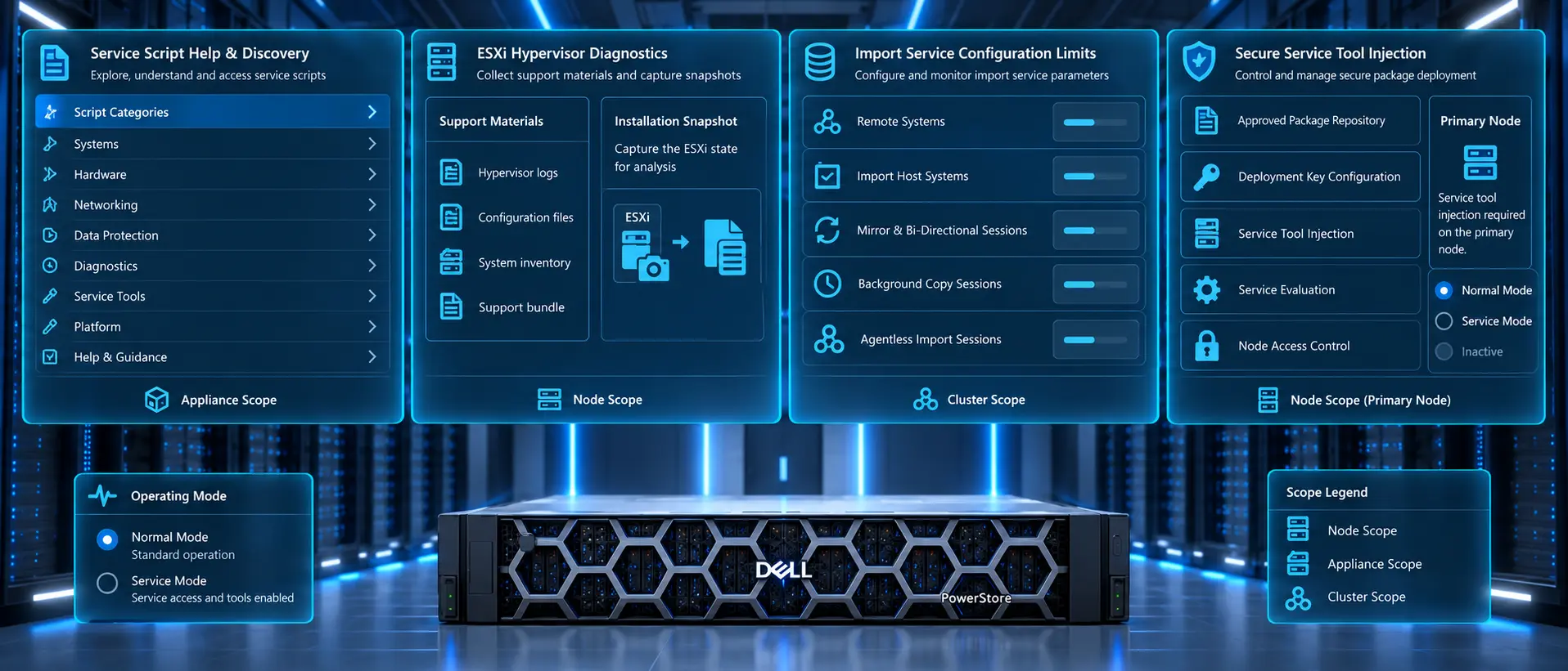 تصویر مفهومی Service Scripts در Dell PowerStore برای عیب‌یابی Hypervisor، تنظیم Import Service و مدیریت Service Tool در قسمت هفتم