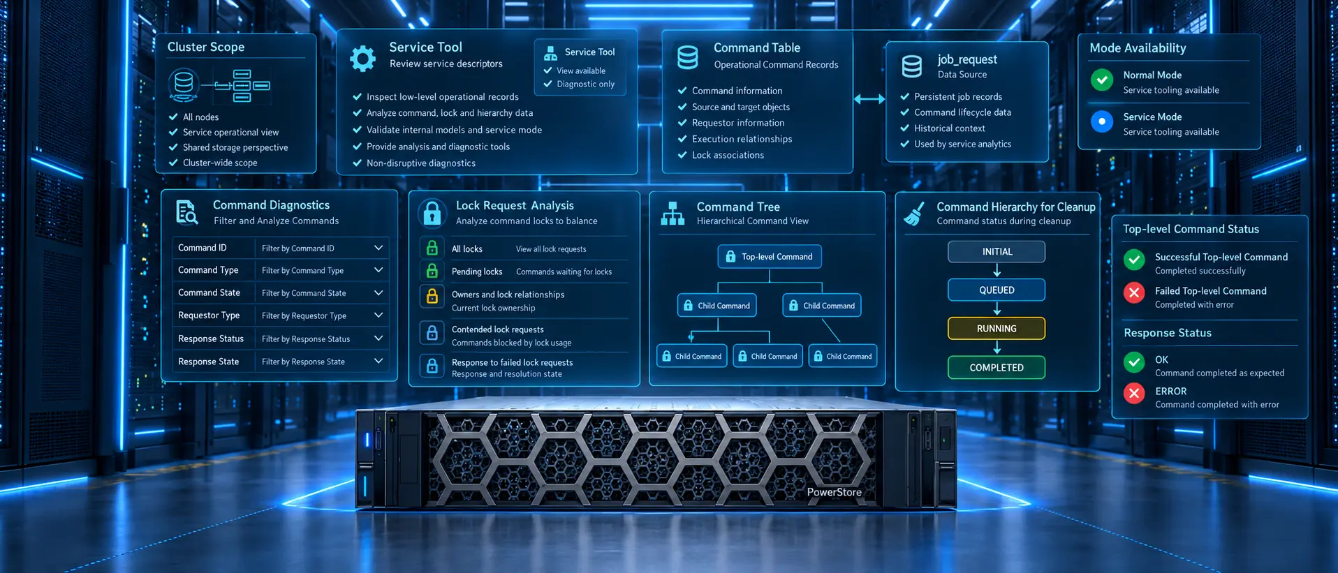 نمایش مفهومی عیب‌یابی Command، Lock و Command Tree با svc_mgmt_operations در Dell PowerStore