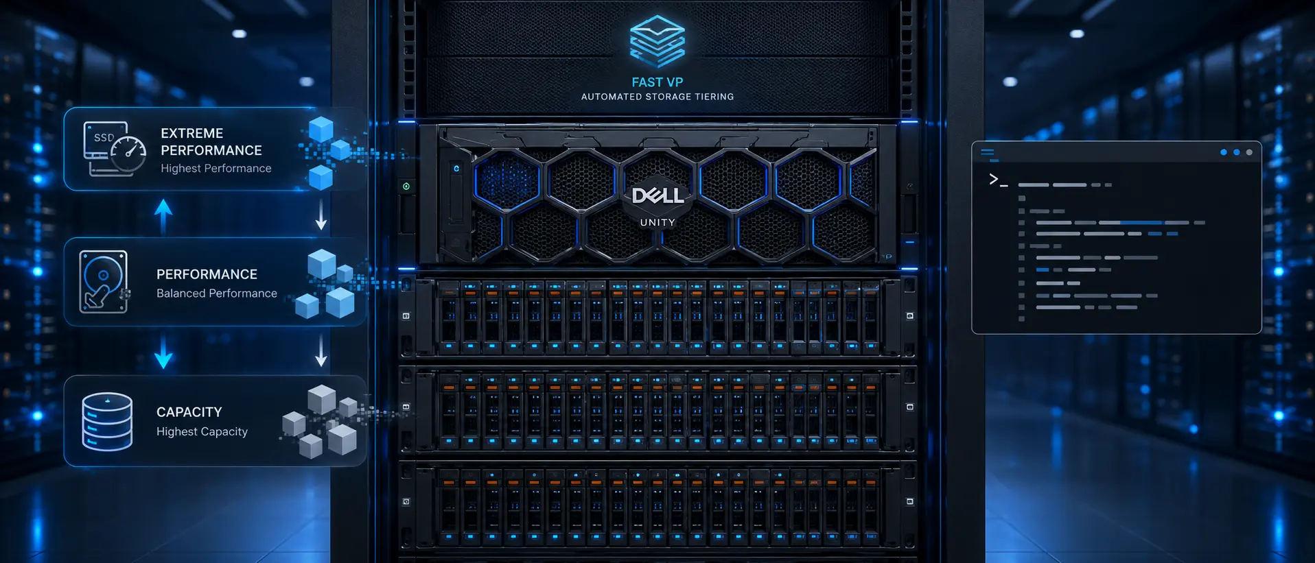 نمای مفهومی مدیریت FAST VP در Dell Unity و جابه‌جایی داده بین Storage Tierها با استفاده از CLI